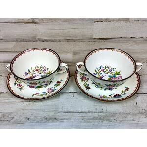 Vintage Coalport Pembroke Hand Painted 2 Handled Soup Bowls Saucers Birds Floral